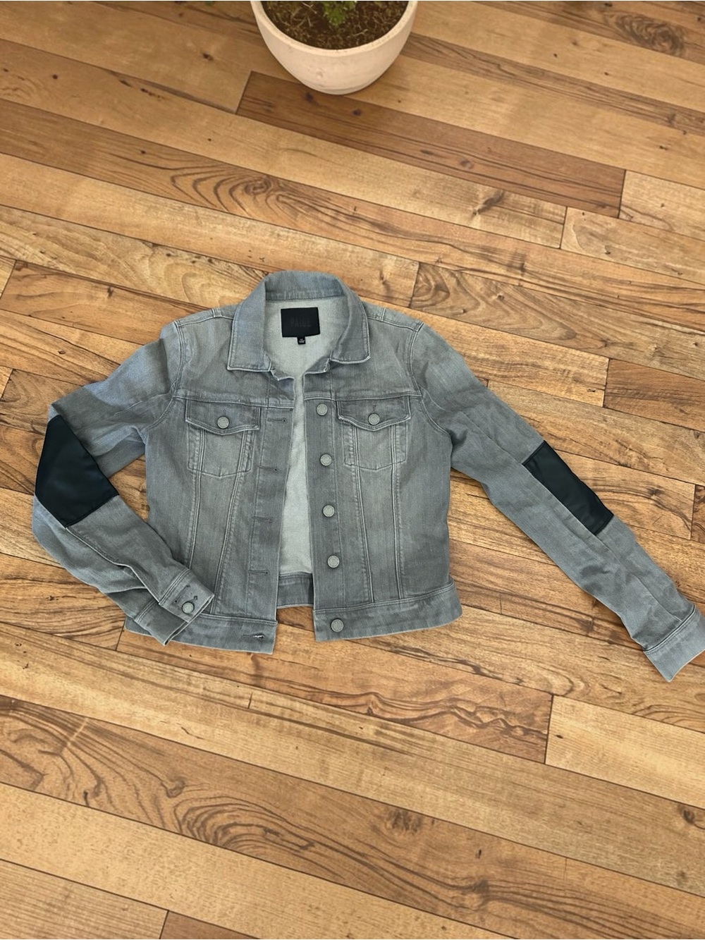 PAIGE Gray Denim Jacket with Black Faux Leather Elbow Patches Size Medium